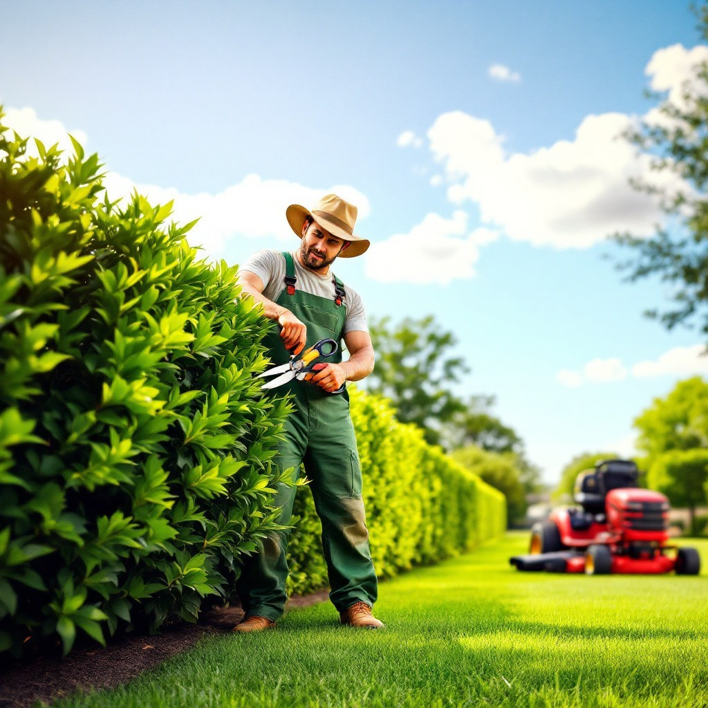 Landscaper trimming bushes in yard